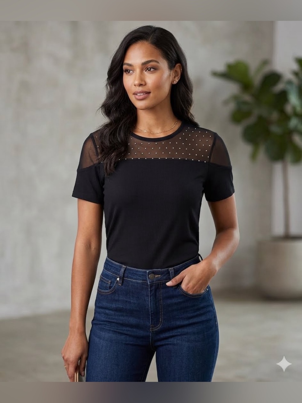 Rebecca Minkoff Black Studded Mesh Yoke Ribbed Top M